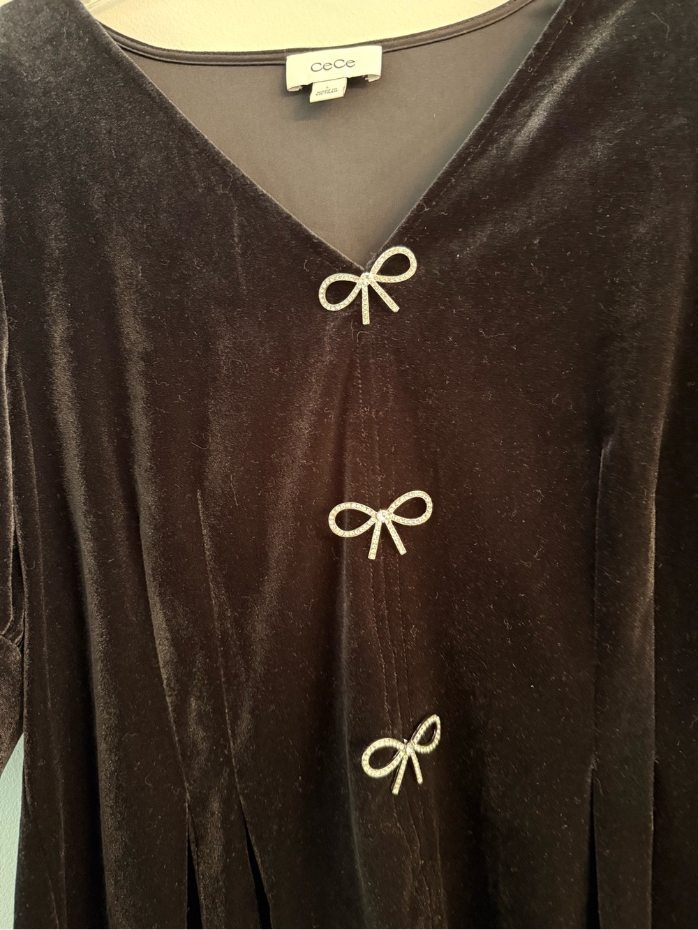 CeCe Black Velvet Puff Sleeve Top with Bow Buttons - Picture 2 of 6